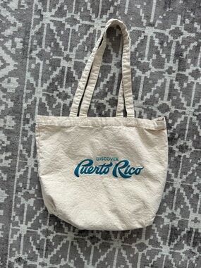 Discover Puerto Rico Natural Canvas Tote Bag with Teal Logo